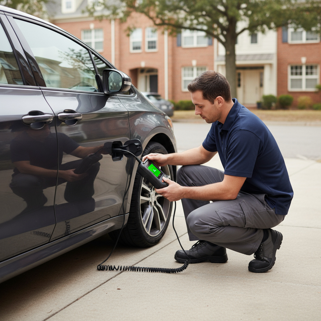 Mobile technician performing OBD-II diagnostic scan on a car in Doha