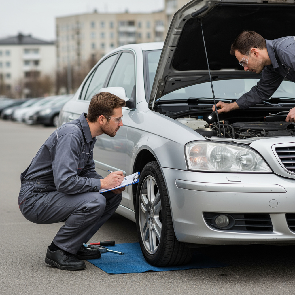 Technician inspecting a used car with a checklist
